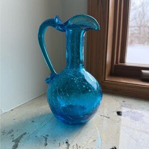 Vintage Blue Crackled Art Glass Vase/Pitcher